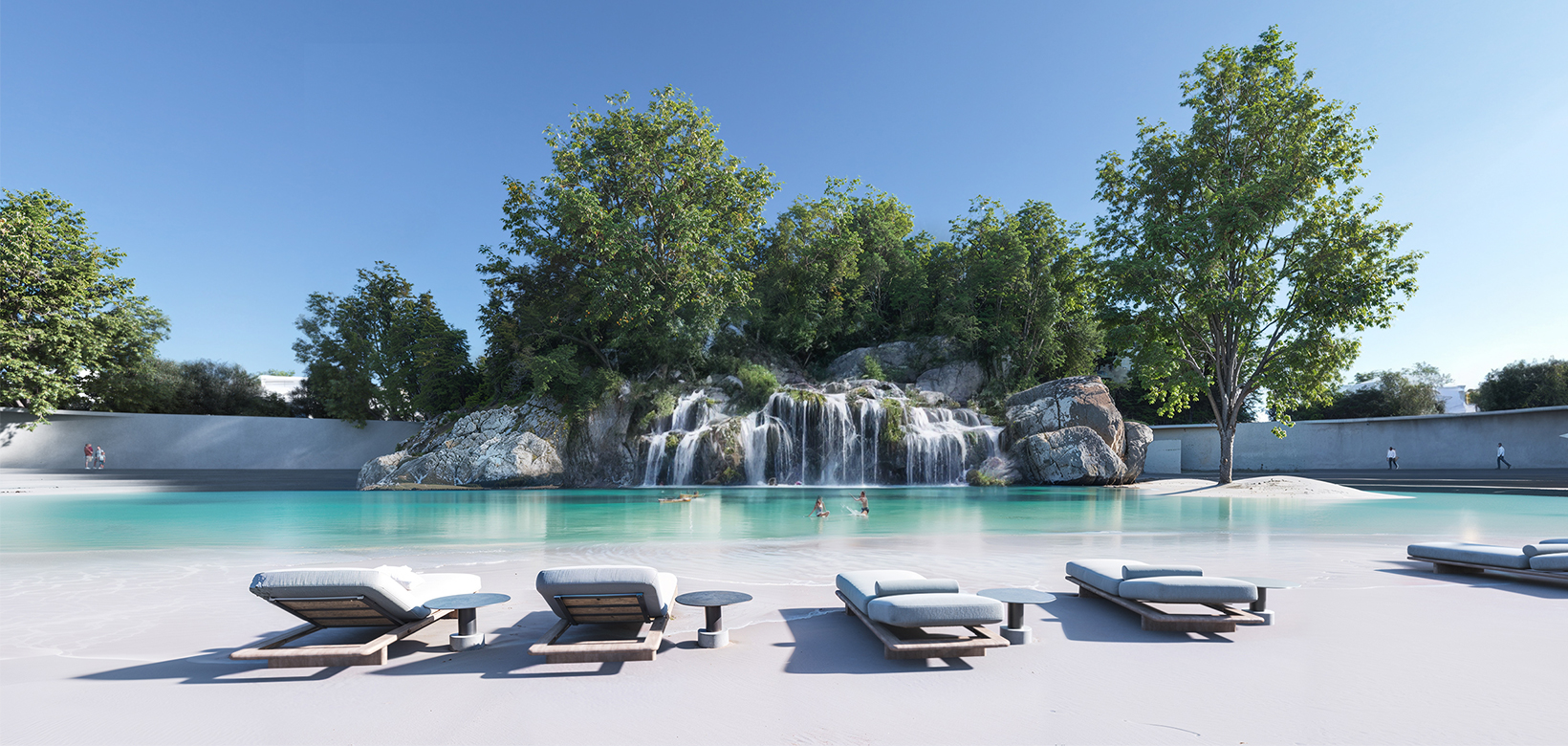 Swimmable forest lagoon with waterfall